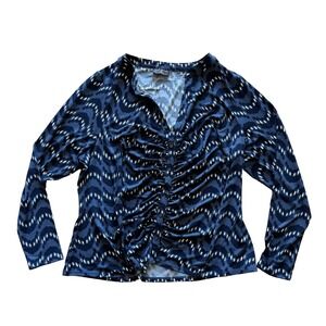 Lane Bryant Womens Plus 22/24 Blue Abstract Geometric Ruched Button Front Top